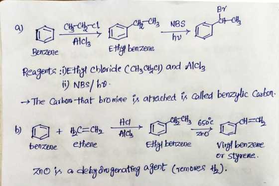 BY Alcla a) CH CH CH CH₂ NBS che d he L Benzene 3 Ethy benzene Reagents :VEthyl Chloride (CH2CHgCl) and Alclz 1) NBS/ 620. →