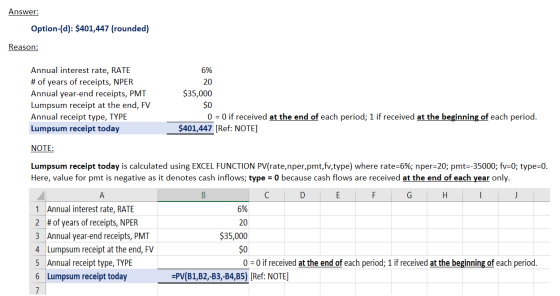 Answer: Option-(d): $401,447 (rounded) Reason: 6% 20 $35,000 Annual interest rate, RATE # of years of receipts, NPER Annual y