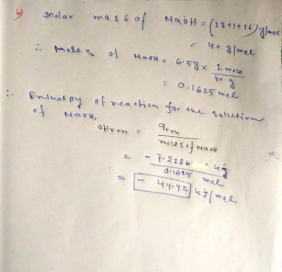 b) Molar mass of mailHz (23 + 1 + 16) glance . roles i of 40 g smal Madh- 6.5g. 1 mol Madh = 6.58 x 40 g - 0.1625 mol i. Enth