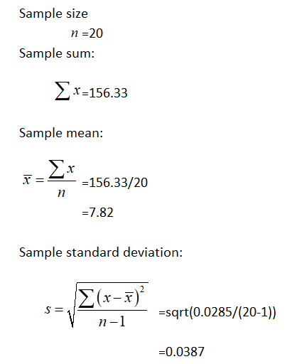 Sample size n =20 Sample sum: x-156.33 Sample mean: =156.33/20 = =7.82 Sample standard deviation: =sqrt(0.0285/(20-1)) n-1 -0