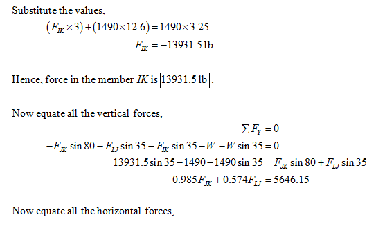 Substitute the values, Fxx3+(1490x12.6)-1490x 3.25 #x-13931.5 lb Hence, force in the member IK is 13931.5lb Now equate all th
