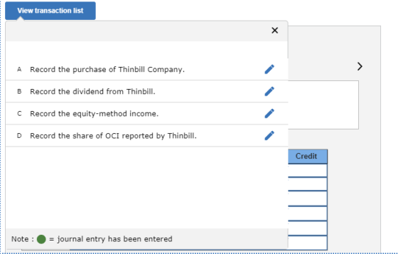 View transaction list A Record the purchase of Thinbill Company. B Record the dividend from Thinbill. C Record the equity-met