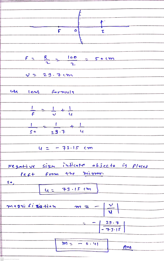 4 f 0 I R loo ܡܕܝܢ 5oim 29.7 cm lens formula $+ f - + I u 29.7 4 - 73.15 cm sign is placed Negative reft indicato objecte the