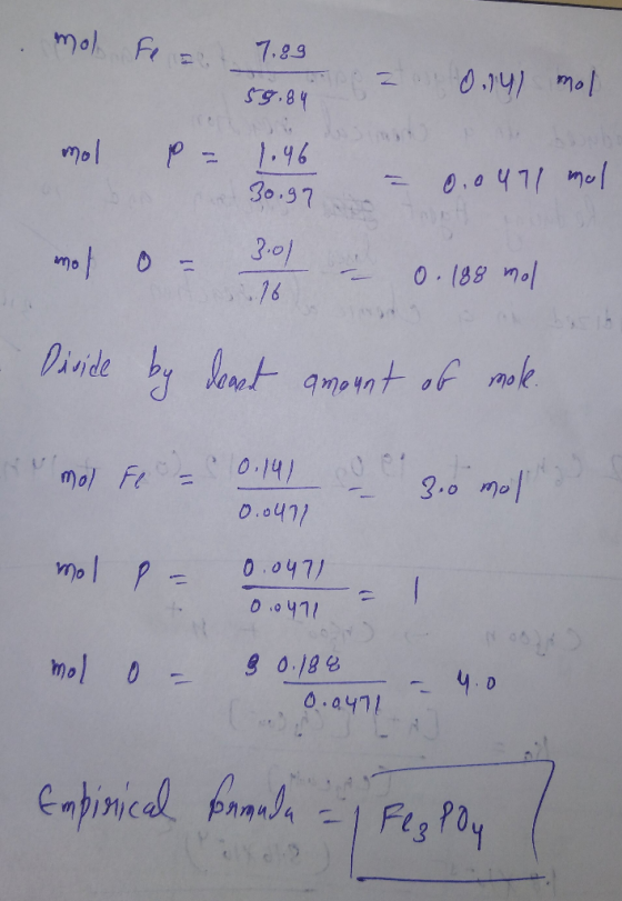 mol Fe 7.89 58.84 094) mol mol P= 1.46 30.97 = 0.0471 mol motor 3.0 - 0. 188 mol Diside by donat amount of mole. mol Fe 0.141