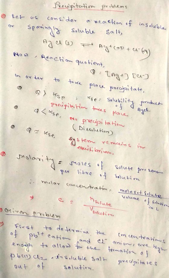 problems Preupitation let us consider a reaction of insoluble or Sparinging soluble salt, Ag cl (s) Ag+ (a + ce 6) Now , Reac