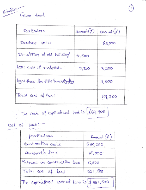 Solukon Given that Pasteculaas Amount (6) | Amount (8) Purchase price 63,000 Demolition of old building 15,500 less: sale of