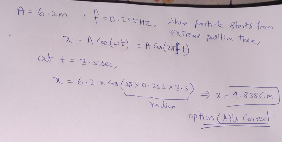 When Particle 8tats trom extreme positi n then A-6-2m 0.255 MZ / ACO(t)A Calenf t) at t=3.Sec -2xC(2X0.255 x3.5 X4.8386m Yadi