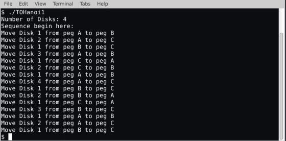 File Edit View Terminal Tabs Help $ ./TOHanoil Number of Disks: 4 Sequence begin here: Move Disk 1 from peg A to peg Move Dis