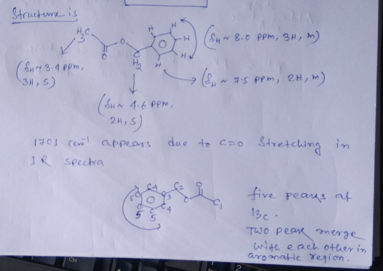 Structure is 4~ 8.0 ppm, 3 H, m) ) Gorzem. Groom ( 7. 5ppm, 2H, m) (SHN3.4 ppm, 3H, S) (SHN 4.6 ppm, 2H, S) 1701 cent appears