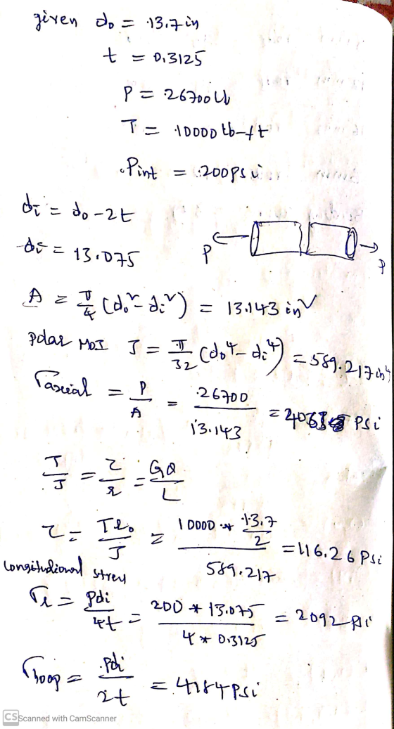 given do = 13,7 in t = 0.3125 P=26700 u T = 10oootb-ft •Pint = :20085 foto di = do-2t de = 13.075 A A ے A polar MOI J = I 7 2