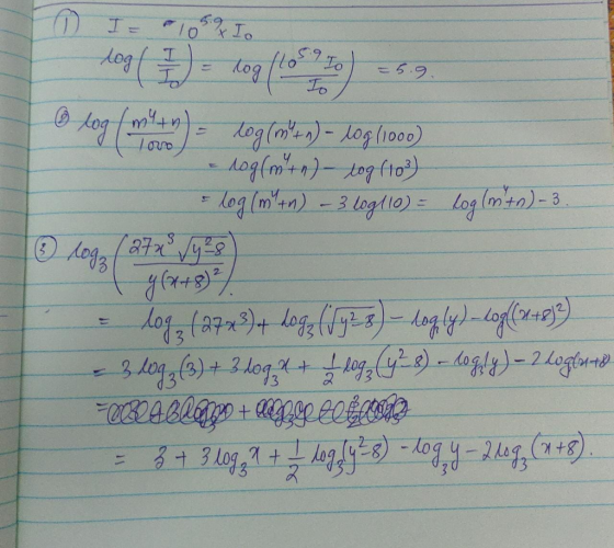 I log/ 5910 Boy = 5.9. Blog (en cours de 1059 I. a (o dog (mun) - log (1000) og (mutn) - tog (10) = log (m+n) - 3 6g/10) = l