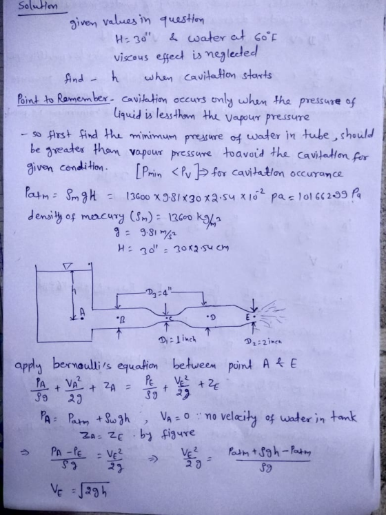 solution given values in question H=30 & water at 60°F viscous effect is neglected find – h when cavitation starts Point to