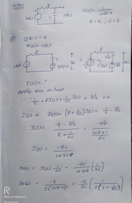 Griven HIS)= I SI gle HRCS xo R=2; c=3 yo-) = 3 R(E)= Ut) ma → /sch ulo yo yo) , 210 13 .: I (S) = ? Apply KuL in loop + R163