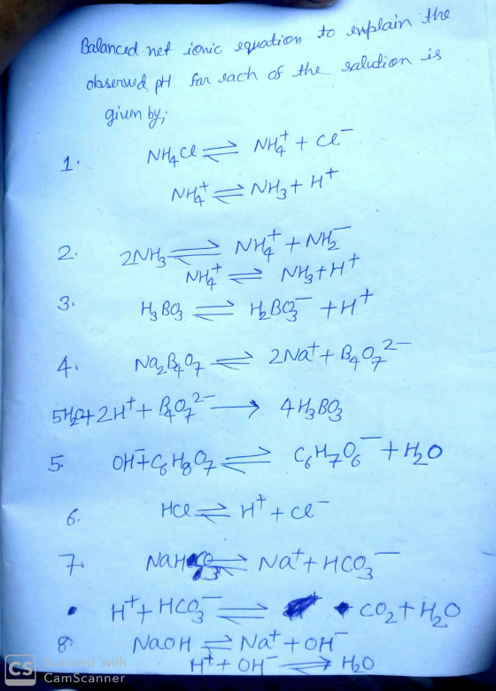 the to explain ionic equation to for each of the Balanced net observed pH o equation enple salution is given by; NHACC - NH W