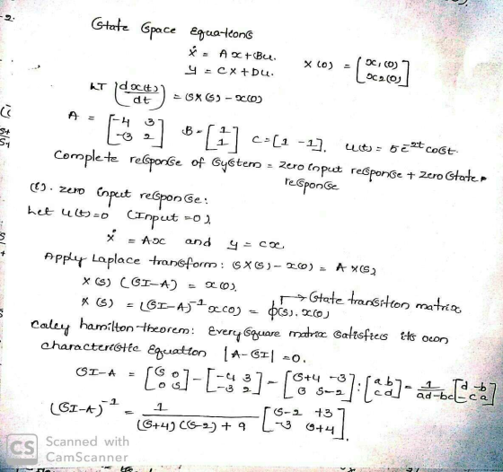 I Jäählt Gtate Gpace equations x = A x +Bee. X (0) = ,00) 7 y=CX +DU. LOC200 . at docet) = 6*69 - 20603 A = F-4 37 B = 517 ca