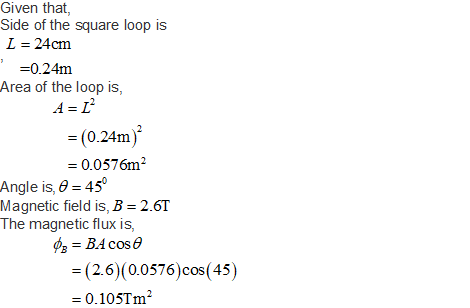 Given that, Side of the square loop is し 24cm =0.24m rea of the loop is, (0.24m) = 0.0576m2 Angle is, θ 450 Magnetic field is