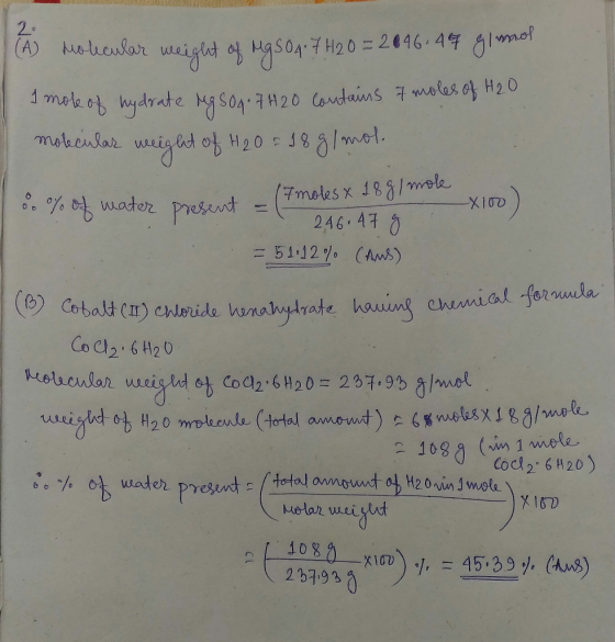 29 (A) Maheular waiglt Has047 H20 204647 Glmo 1 mate ot hydrate s047H20 Condains 7 moles H20 mateeular wig ht o H20 19 /mot.