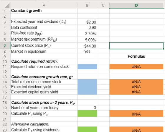Bc Constant growth Expected year-end dividend (D) Beta coefficient Risk-free rate (RF) Market risk premium (RPM) Current stoc
