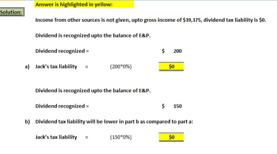 Answer is highlighted in yellow: Solution: Income from other sources is not given, upto gross income of $39,375, dividend tax