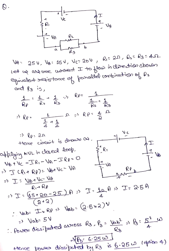 O. P I Vc 4 R Ug VA R2 b a R3 VA: 25V, VA = 15 V, Vc= 200, Ris 21, R2= R3=412 Let cop astume catherst I to flow in direction