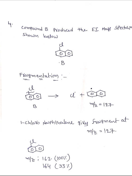 the EI Mass spectrum compound B Produced shown below Fragmentation :- a → ce +lea mz = 127 I-chloro Nouphthalene gilles fragm