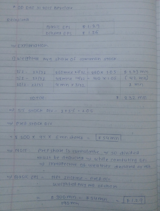 *OD Dea 31 2015 Beaclala Requised Basic EPS D/IUted EPS 1.29 TI-26 EXPlanatfon weighteolAVg shaae of common stoCk 260mnx 212