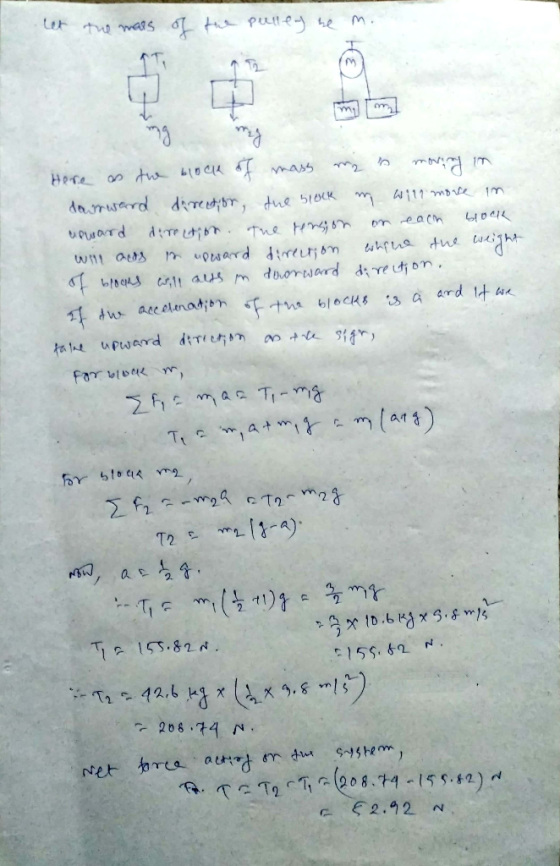 let the mass of the pulley be m. Here as the block of mass my is moving in downward director, the block my will more in upwar