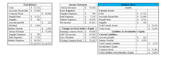 70,300 $ 46,000 Income Statement Service Revenue $ Less: Expenses Supplies Expenses $ Rent Expenses $ Salaries Expenses $ Net