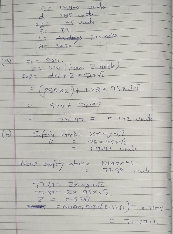 D= lndow unts 205 units as units $31 2 weeks Hr $0.20 SL = 9o.1, z= 1.28 (from z table) Rop= del teatre (295x2)+ 1.28 x 95 x