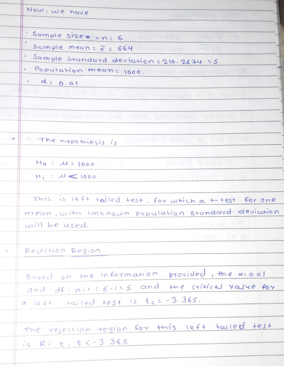 Now, we have Sample size -na 6 Sample mean : = 664 Sample standard deviation=210.2674 as Population means 1000. d = 0.01 . Th