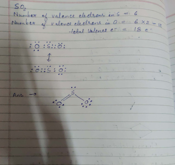 SO₂ Number of valence eledrons ên S = Number of valence electrons in 0.2 telal Valence e = ::5:: 0 : 6 6 82=13 18 e-