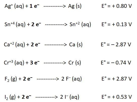 Ag (aq) 1 e Eo 0.80 V Ag (s) Sn*4 (aq)2 e -> Sn+2 (aq) Eo 0.13 V Ca 2 (aq)2 e Ca (s) E 2.87 V Cr+3 (aq)3 e -> Cr (s) Eo 0.74
