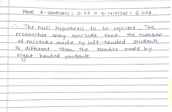 Here t-statistic=2-56> t-critical = 2.064 The null Mypothesis to be rejected be researcher may conclude that the number of mi