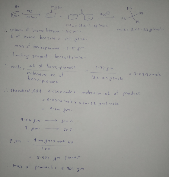 BMS NaBr Mg Br . ph Na HBO и etha m/ 2 = 182.2ing Imole : volume of bromo benzene: 45 ml- S of bromo benzene = 1.5 gimL. miz=