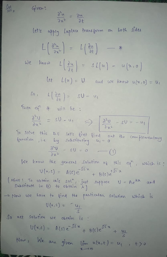 Sony Given: = - 2 du at lets apply Laplace transform on both sides We know how ) = shul- ufro ) duz let L(u) = U and we know