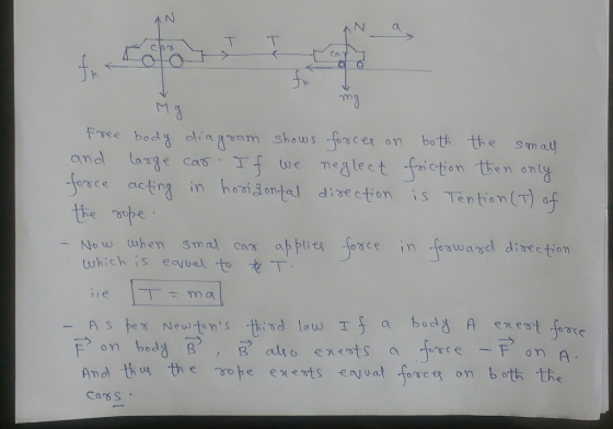 N a sCe ceting in homgon direction is Tento n (T) Now when smal car abplies fosce in foswand disection which is equal to Aste γ Newtons thisd law if a bodd A e est-fore And thus the 2。he erents ea/valf reeg on both the