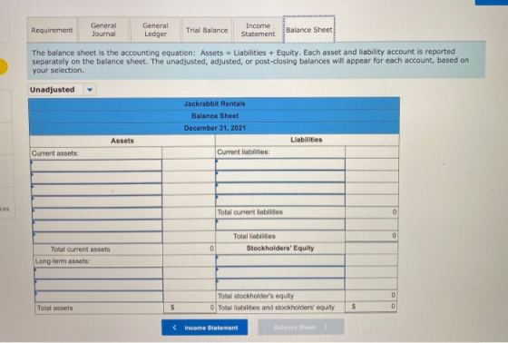 Requirement General Journal General Ledger Trial Balance Income Statement Balance Sheet The balance sheet is the accounting e