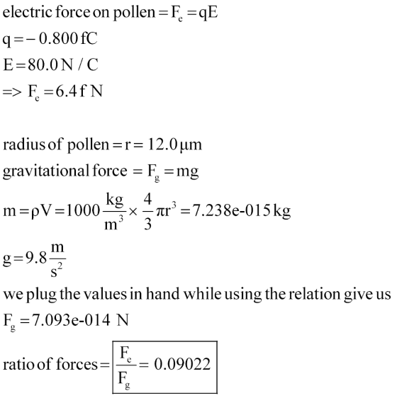 electric force on pollen-F.-qE q-0.800fC E-80.0N/C 6.4f N radius of pollen-r- 12.0um gravitational force F. mg kg 4 g-9.8 we