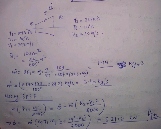 in SA VIRS= B - 10g 2 O P2 = 305k Pa T2 = 10°c V2 =10m/s. P = 109 kPa TI = 60°c Vi = 292 m/s A = 104 an ² - loy m² (100) 2 1a