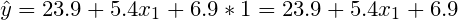 û = 23.9 +5.4x1 + 6.9 *1 = 23.9 +5.4x1 + 6.9
