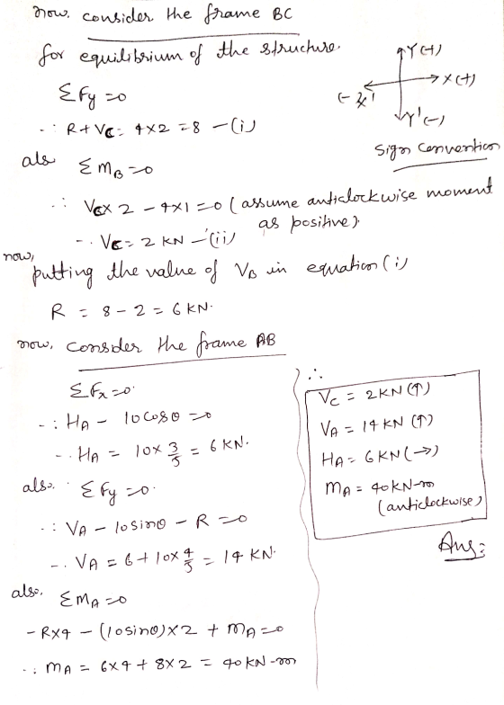 now, consider the frame BC for equilibrium of the structure Xct) Efy so ا ارا۔ RAVE - 4x2=8 - Sign Conventicos Emol now) Vax