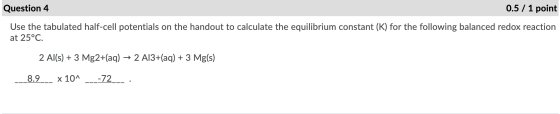 Question 4 0.5 / 1 point Use the tabulated half-cell potentials on the handout to calculate the equilibrium constant (K) for