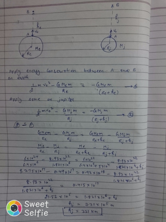 W Re and B 1 | Apply energy conservation between A on earth - Im voz-G Mem - -Grem L 2 aboros Re (Bethe - Apply some on jupit