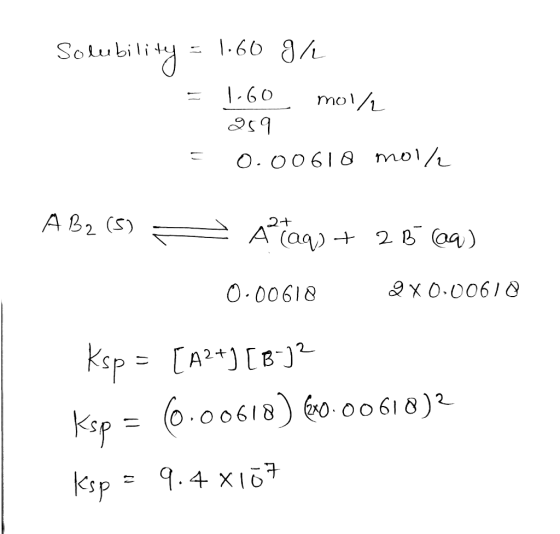 Solubility = 1.60 gr = 1-60 molla 259 = 0.00610 mol/ AB2 (s) Ataq) + 2 B 609) 0.00618 280.00610 Ksp = [A2+) [B-) Ksp = 60.006