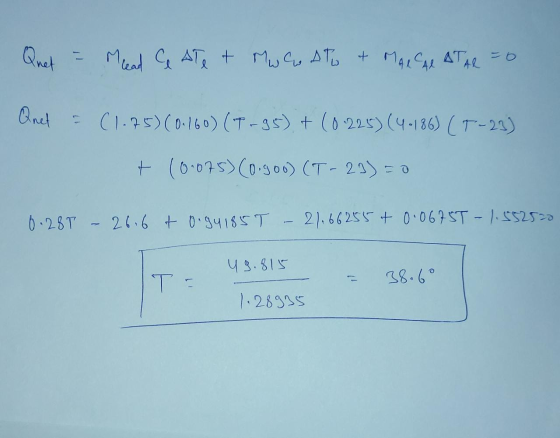 Quet - Mread ce Ate + Mw costo & MAICAL ATAL=0 Qnet = (1.75) (0.160) (T-95) + (0225) (4-186) (T-23) + 10-075) (0.900) (T - 29