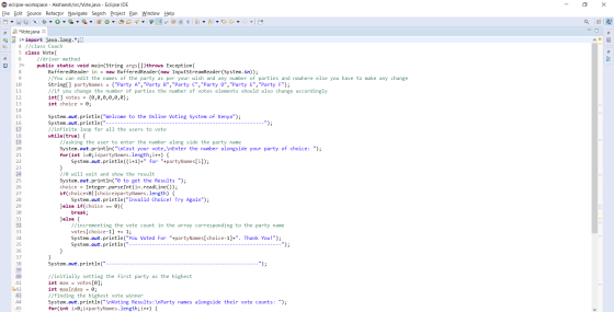 - eclipse-workspace - Akshansh/src/Vote.java - Eclipse IDE File Edit Source Refactor Navigate Search Project Run Window Help