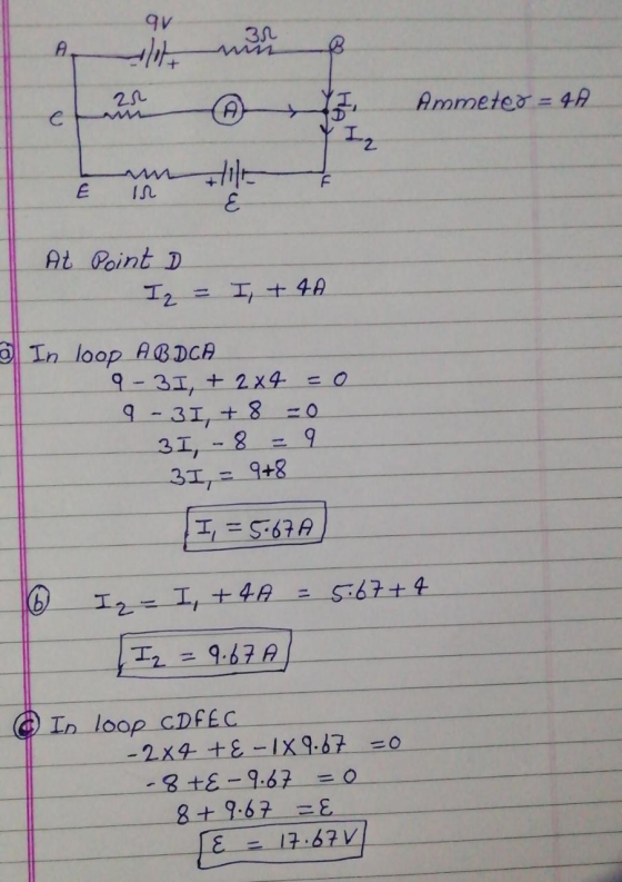chhoeun Ammeteo = 48 PIZ Е 1л At Point D Iz = I, + 4A In loop ABDCA 9-31, + 2x4 = 0 9-31, + 8 =0 3I - 8 = 9 3I, = 9+8 I, = 5.
