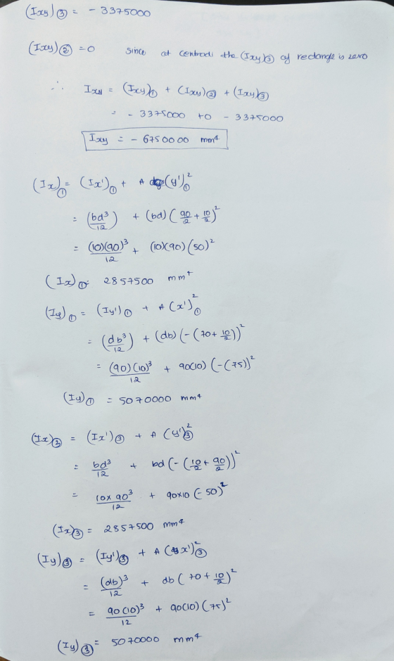 (Iocy) 3375000 (Ixes) ② =0 Since at centrodi the (Ity) of redangle is zero Isy + (Ixey) + (1x4) 3375000 то 3375000 Ixy = 675