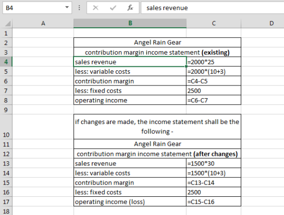sales revenue В4 1 Angel Rain Gear 2 contribution margin income statement (existing) sales revenue |=2000*25 4 less: variable