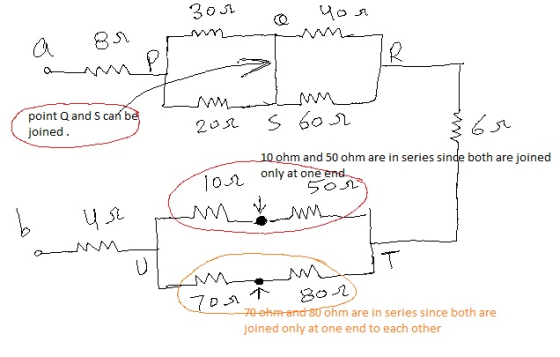 Зол point Q and S cań b joined 10 ohm and 50 ohm are in series sinde both are joined only at one 1on S0 SL 1 o -( DA个 ohm are